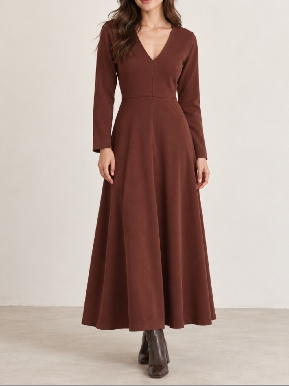 Zara Women's Long Sleeve V-Neck Maxi Dress in Brown